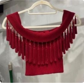 Vintage Red Off The Shoulder Beaded Fringe Top at Missoni
