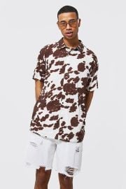 Viscose Oversized Cow Print Shirt boohooMAN USA at BoohooMan