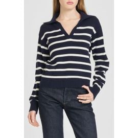 WAYF Port Stripe Johnny Collar Cotton Sweater in Navy Ivory at Nordstrom Rack at Nordstrom Rack