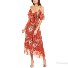 WAYF Wrap Midi Dress Off The Shoulder Ruffle Deep V Red Floral Print Small New eBay at eBay