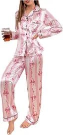 WDIRARA Women's 2 Piece Bowknot Print Satin Pajama Set Long Sleeve Button Down Lounge Pants Sleepwear Sets at Amazon