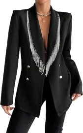 WDIRARA Womenx27s Rhinestone Fringe Trim Shawl Collar Long Sleeve Cocktail Party Blazer Black Medium at Womens Clothing store at Amazon