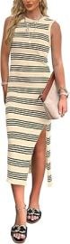 WIHOLL Womens Bodycon Summer Casual Midi Sundress Sleeveless Cute Hollow Out Knit Side Slit Striped Long Tank Dress at Womens Clothing store at Amazon