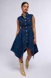 WINONA CAP SLEEVE BUTTON DOWN DENIM MIDI DRESS IN DARK BLUE at Akira