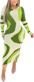 WOKANSE Crewneck Maxi Dresses for Women 2024 Summer Print Long Sleeve Stretchy Bodycon Long Dress at Womens Clothing store at Amazon