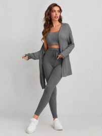 Waffle Knit Tank Top And Leggings Set With Coat by Shein at Shein