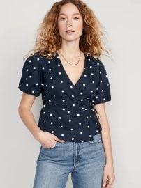 Waist Defined Puff Sleeve Tie Wrap Blouse in Navy Dots at Old Navy