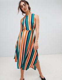 Warehouse Rainbow Stripe Slinky Elastic Waist Midi Dress at asos com at Asos