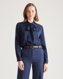 Washable Stretch Silk Tie Neck Blouse in Navy at Quince