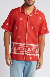 Wax London Didcot Daisy Embroidery Cotton Linen Camp Shirt at Nordstrom