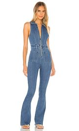 WeWoreWhat Sleeveless Flare Stretch Denim Jumpsuit in Light Wash at Revolve