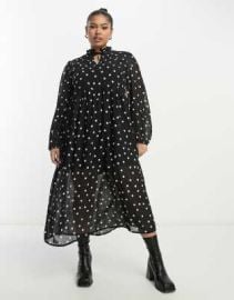 Wednesdays Girl Curve tiered polka dot midi smock dress in black at ASOS