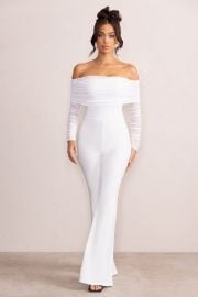 Whisper White Ruched Mesh Bardot Jumpsuit Club L London - USA at Club L