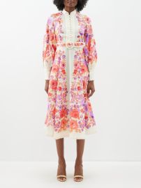 White Raie floral-print belted linen midi dress Zimmermann FASHION US at Matches