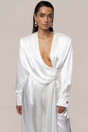 White Statement Draped Satin Top at JLuxLabel