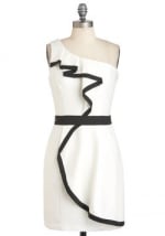 White dress with black trim and ruffles from ModCloth at Modcloth