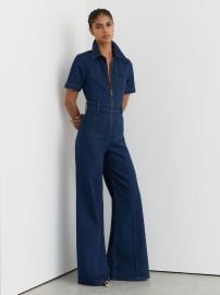 Wide-Leg Zip-Through Denim Jumpsuit in Indigo Blue - Size US 0 at Reiss