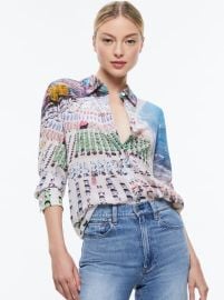 Willa Placket Top In Whispering Waves Alice Olivia at Alice + Olivia