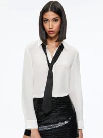 Willa Placket Top With Tie In Ecrublack Alice And Olivia at Alice and Olivia