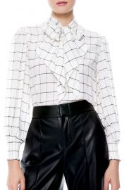 Windowpane Check Tie Neck Silk Blouse at Nordstrom