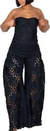 Women 2 Piece Lace Set Crop Strapless Corset Tube Top Hollow Out Eyelet Barrel Pants Party Jumpsuit Outfits at Amazon