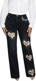 Women's High Waisted Stretchy Jeans Baggy Rhinestone Hollow Wide Leg Straight Denim Pants at Amazon