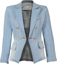 Women's Jean Blazer Jacket Notched Lapel Long Sleeve Work Denim Suit Jacket Business Washed Denim Blazer with Pockets at Amazon