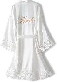Women's Lace Trim Bride Kimono Robes with Embroidery Bridal Satin Bathrobe at Amazon