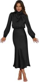 Women's Mock Neck Satin Dress Elegant Long Sleeve Elastic High Waist Formal Wedding Cocktail Party Midi Formal at Amazon
