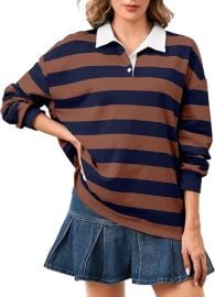 Women's Oversized Striped Polo Sweatshirt Long Sleeve Rugby Collared Pullover Tops Loose Fit Shirt at Amazon