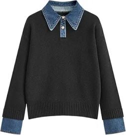 Women's Pullover Sweater Shirt Style Collar Denim Trim Elegant Versatile Knit Top Comfortable Soft Yarn Loose at Amazon
