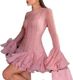 Women's Solid Flared Bell Sleeve Mini Dress Round Neck Ruffle Patchwork A-line Bodycon Gown at Amazon