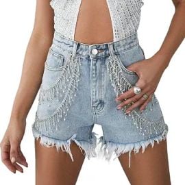 Women's Sparkly Rhinestone Fringe Denim Shorts Y2k High Waisted Cut Off Jeans Shorts Trendy Streetwear at Amazon