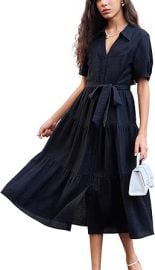Women's Summer Maxi Dress Formal Dresses Short Sleeve V-Neck Casual Belt Button Closure Loose Fit Ruffle Hem at Amazon