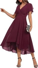 Women's Wrap V Neck Flutter Sleeve Chiffon Cocktail Wedding Guest Dress Layered Ruffle Flowy Midi Party Dress at Amazon