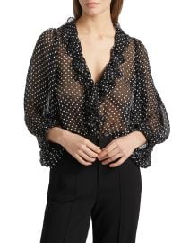 Women\'s Betsie Ruffled Silk-Blend Chiffon Blouse - Black Off White Polka Dot - at Saks Fifth Avenue