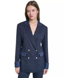 Women\'s Button-Front Collared Blazer and Striped Straight-Leg Denim Waistband Pants at Macys