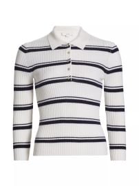 Women\'s Cashmere-Silk Striped Polo Top - Coastal Off White - at Saks Fifth Avenue