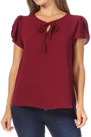 Women\'s Casual Petal Sleeve Blouse with Ribbon Tie and Keyhole Neckline - Walmart.com at Walmart