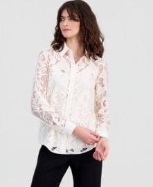 Women\'s Collared Floral-Lace Button-Front Shirt, Regular & Petite at Macys