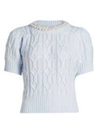 Women\'s Faux Pearl Cable-Knit Short-Sleeve Sweater - Light Blue - at Saks Fifth Avenue