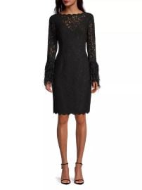 Women\'s Feather-Trim Lace Sheath Dress - Black - at Saks Fifth Avenue