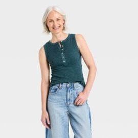 Women\'s Front Button Tank Top - Universal Thread™ Teal Blue L at Target