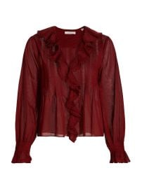 Women\'s Hardy Pintuck Cotton Ruffle V-Neck Blouse - Deep Crimson - at Saks Fifth Avenue
