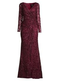 Women\'s Illusion Damask Embroidered Sequin Column Gown - Garnet - at Saks Fifth Avenue