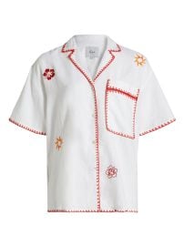 Women\'s Island Floral Embroidered Linen-Blend Button-Front Shirt - White - at Saks Fifth Avenue