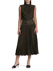 Women\'s Kimberly Embroidered Pleated Midi-Dress - Deep Olive - at Saks Fifth Avenue