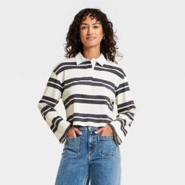 Women\'s Long Sleeve Button-Down Polo T-Shirt - Universal Thread™ Cream Striped 1X at Target