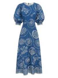 Women\'s Lucky Printed Linen Puff-Sleeve Midi-Dress - Blue - at Saks Fifth Avenue