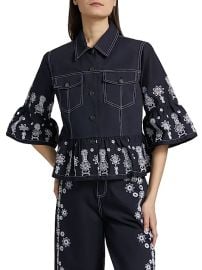 Women\'s Mazie Embroidered Stretch-Cotton Jacket - Navy White - at Saks Fifth Avenue